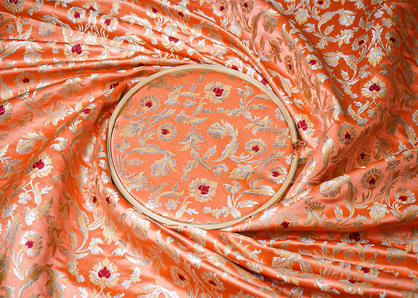 Dark Peach Banarasi Brocade Fabric With All Over Thread And Golden Zari Handloom 19246
