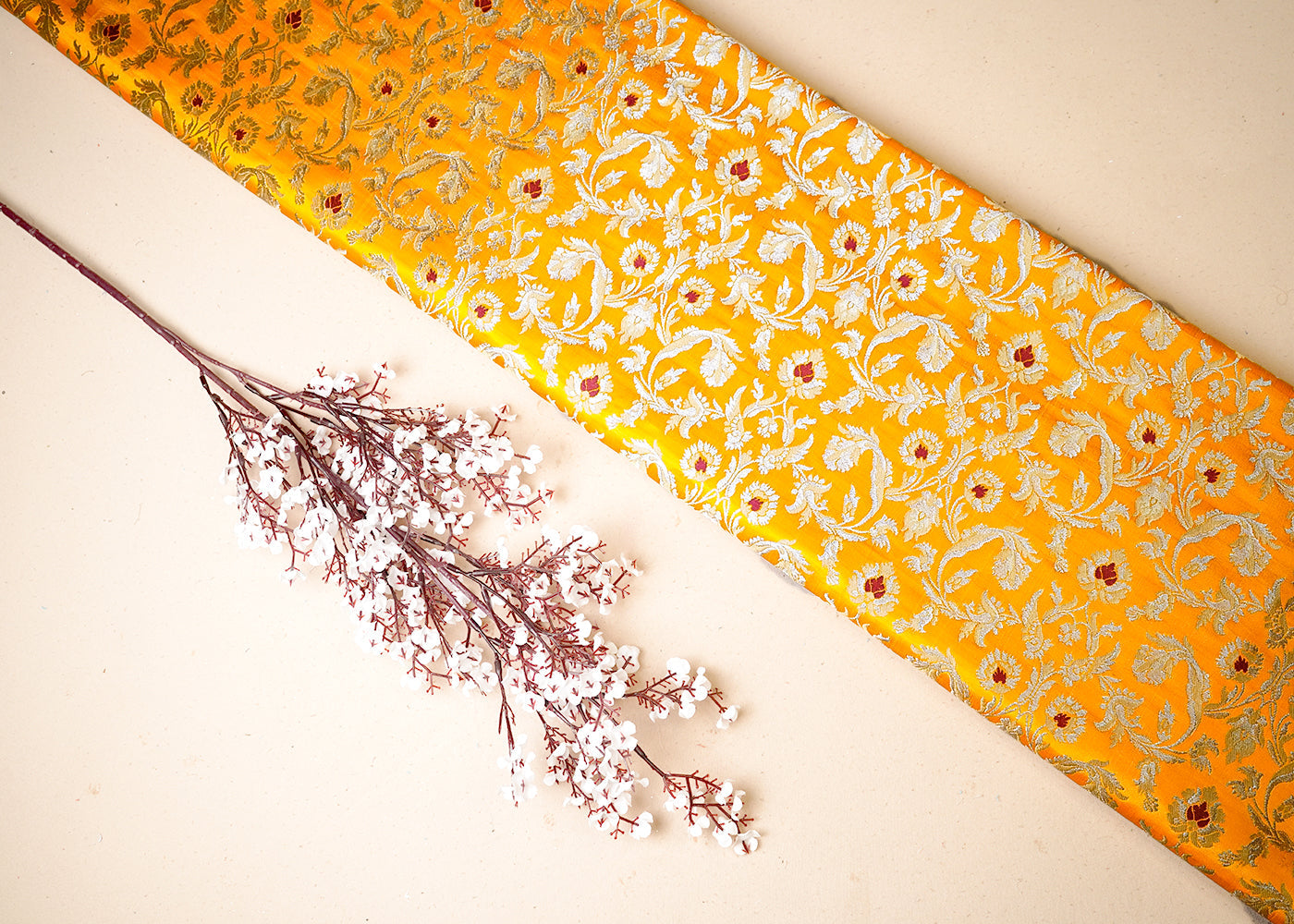 Mustard Banarasi Brocade Fabric With All Over Thread And Golden Zari Handloom 19247