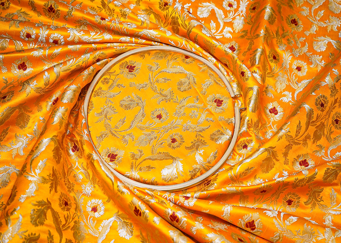 Mustard Banarasi Brocade Fabric With All Over Thread And Golden Zari Handloom 19247