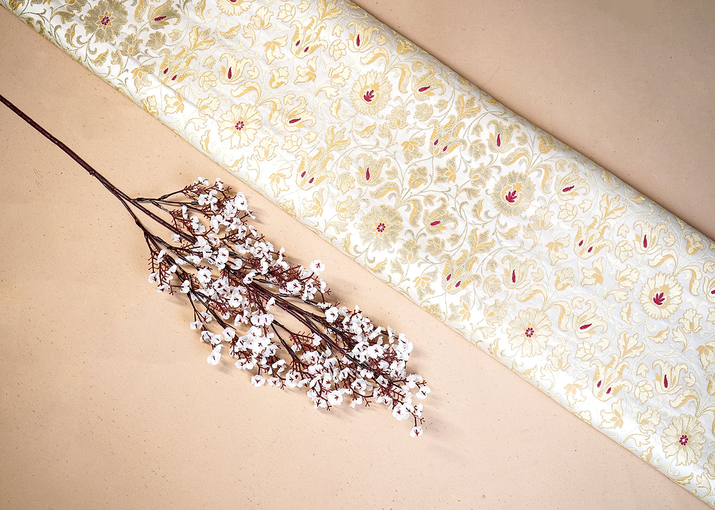 White Banarasi Brocade Fabric With All Over Thread And Golden Zari Handloom 19248