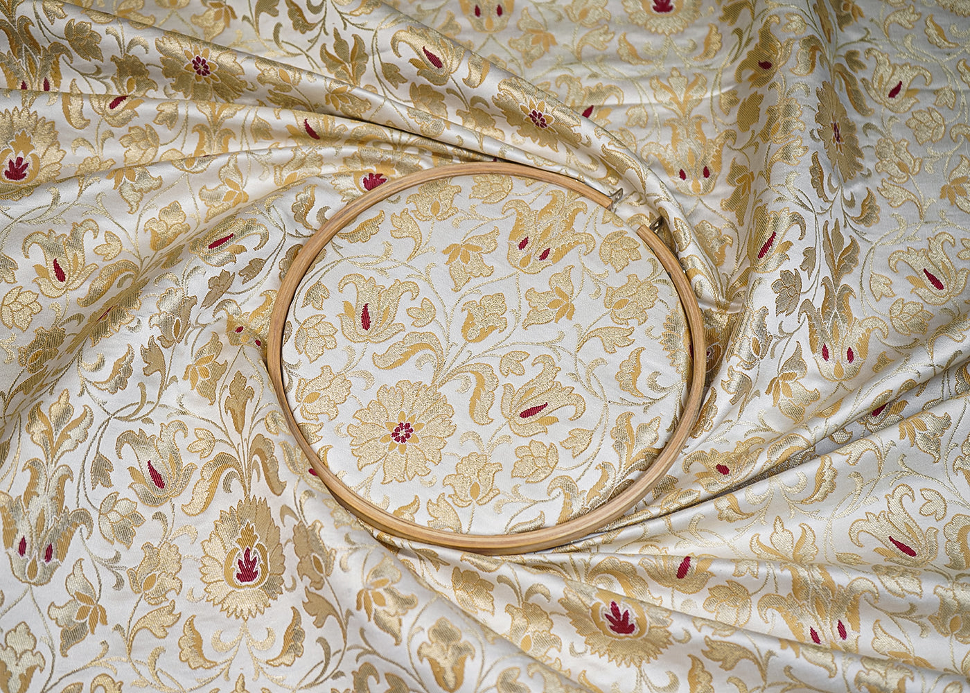White Banarasi Brocade Fabric With All Over Thread And Golden Zari Handloom 19248