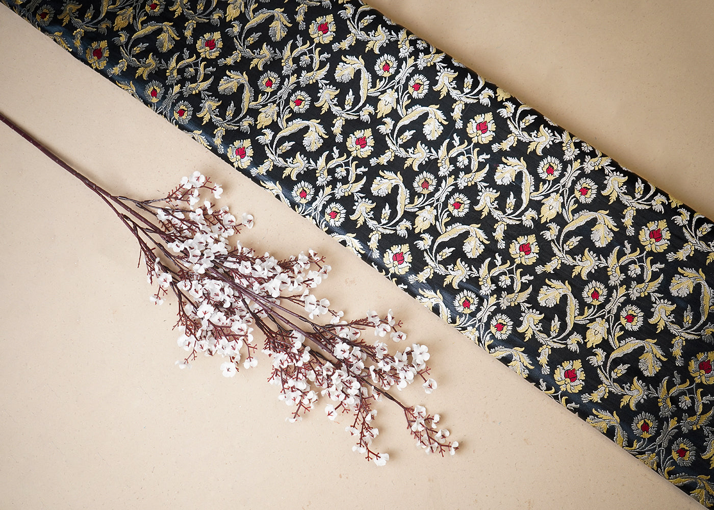 Black Banarasi Brocade Fabric With All Over Thread And Golden Zari Handloom 19249