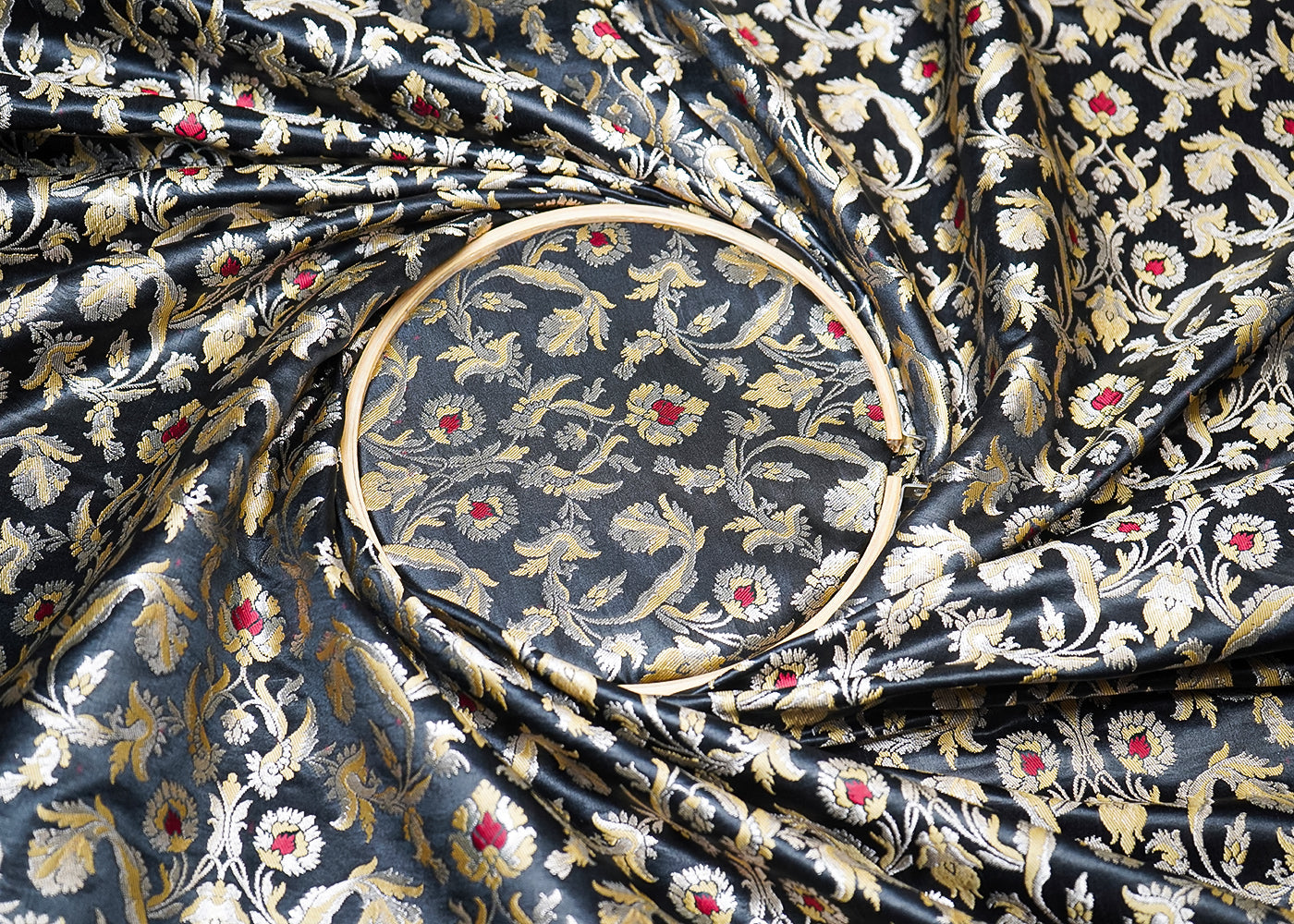 Black Banarasi Brocade Fabric With All Over Thread And Golden Zari Handloom 19249