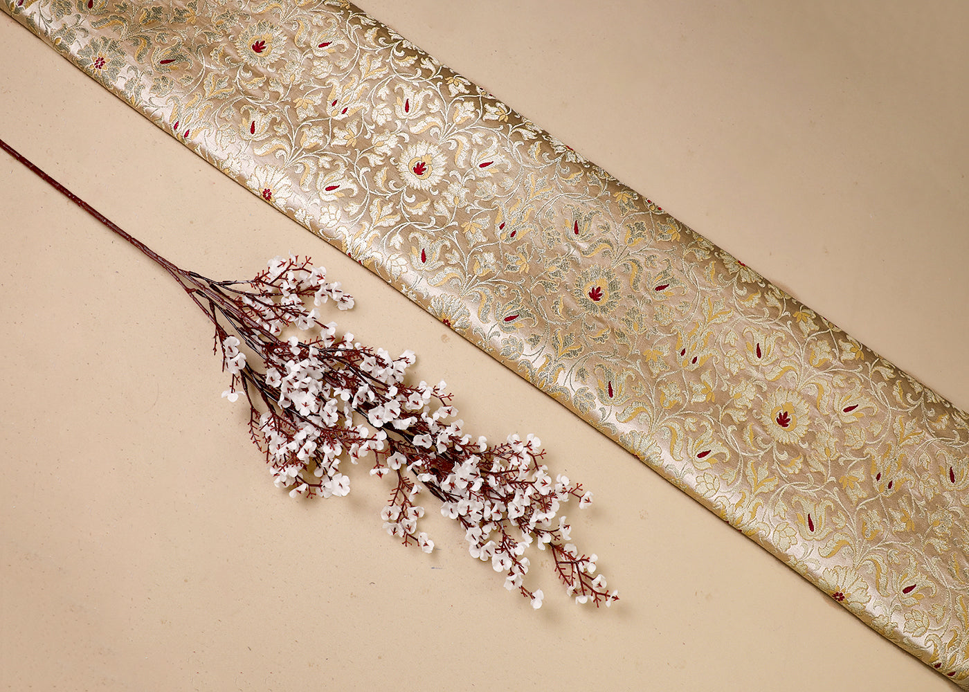 Gold Banarasi Brocade Fabric With All Over Thread And Golden Zari Handloom 19250