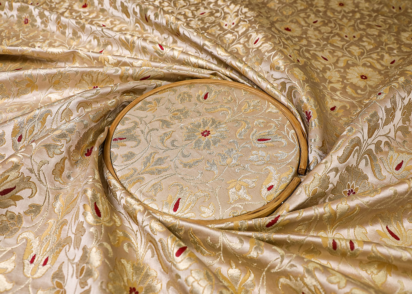 Gold Banarasi Brocade Fabric With All Over Thread And Golden Zari Handloom 19250