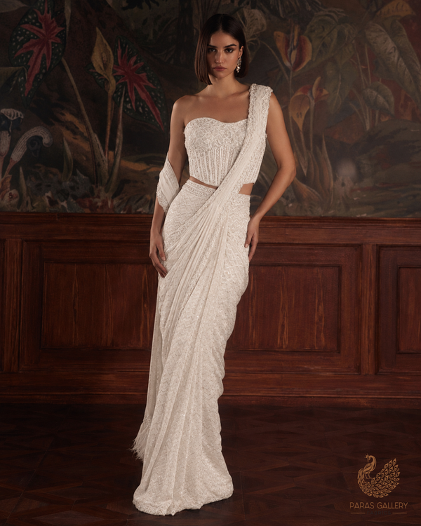 White Silk Fabric With All Over Thread And Sequins Work 19520