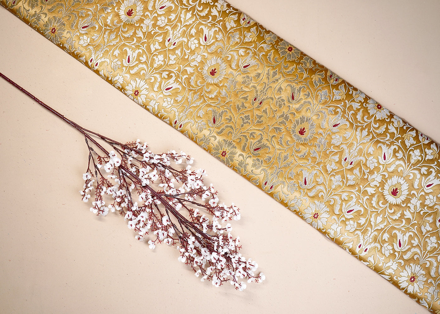 Camel Banarasi Brocade Fabric With All Over Thread And Golden Zari Handloom 19251