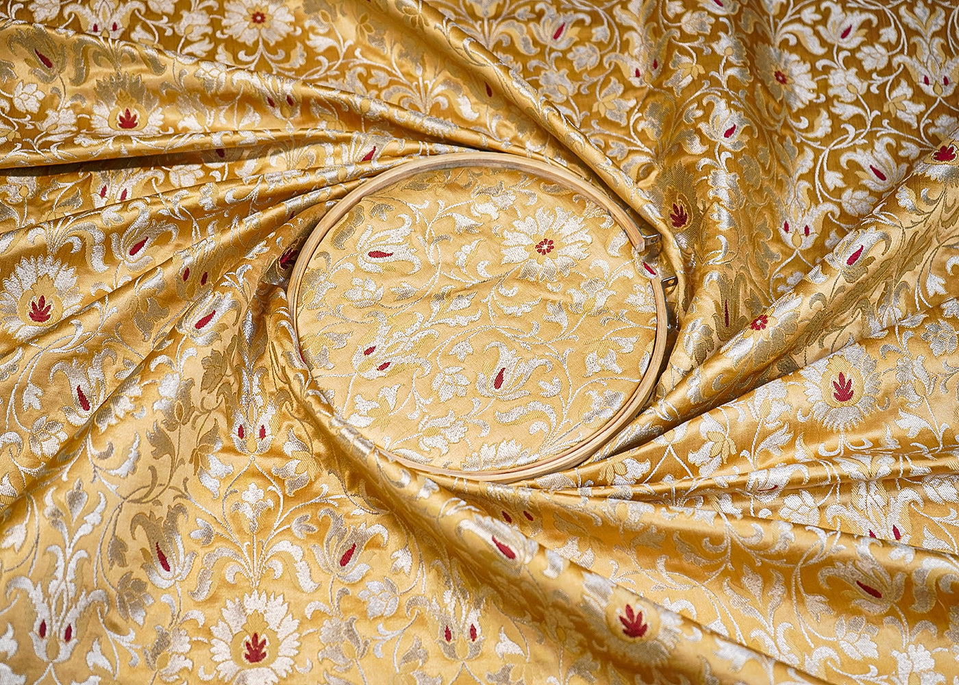 Camel Banarasi Brocade Fabric With All Over Thread And Golden Zari Handloom 19251