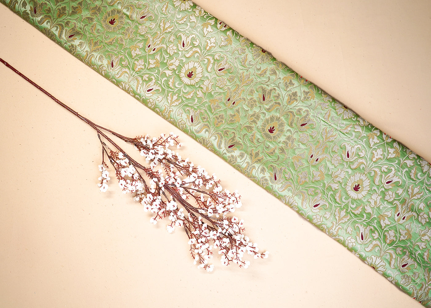 Mint Green Banarasi Brocade Fabric With All Over Thread And Golden Zari Handloom 19252