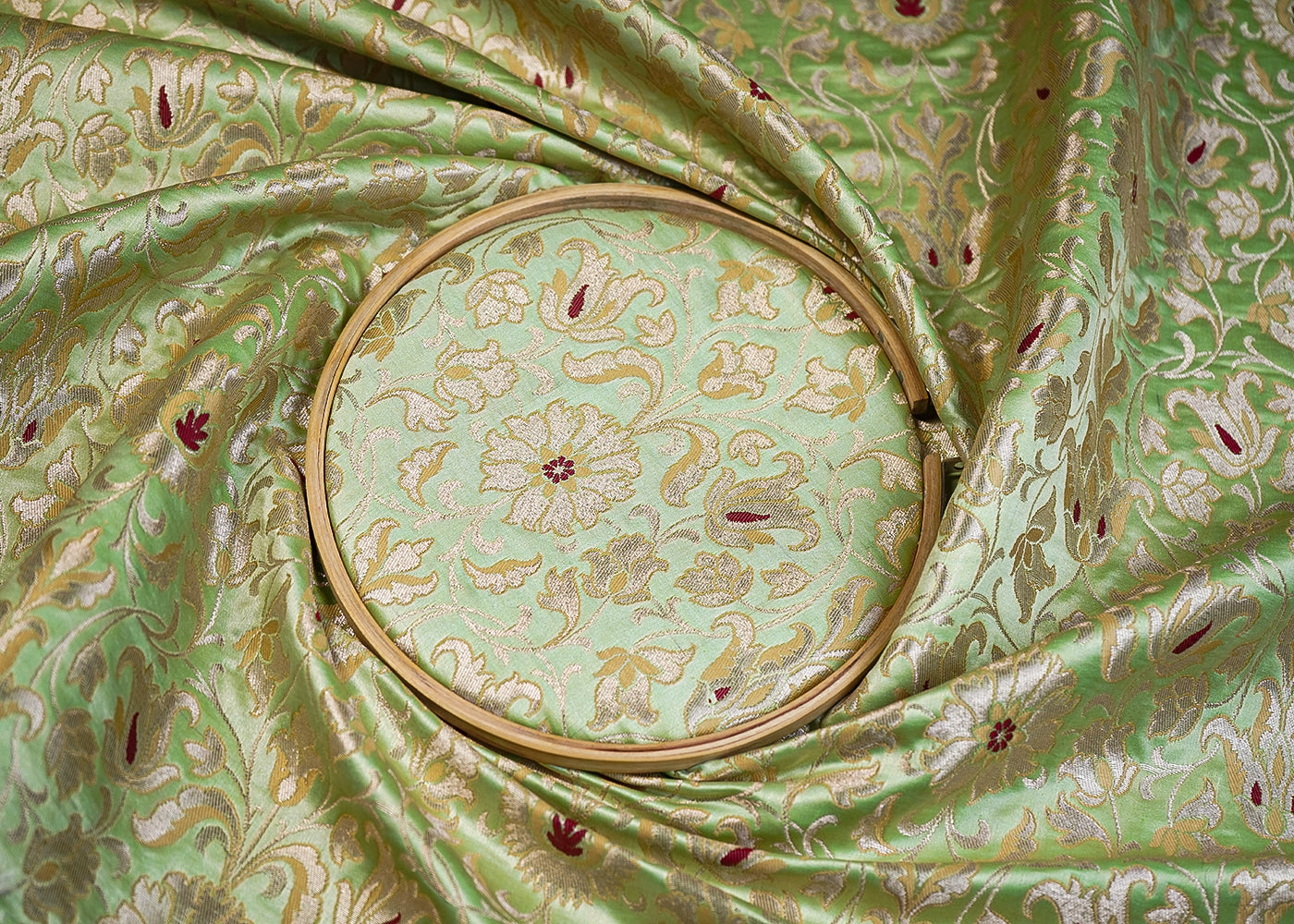 Mint Green Banarasi Brocade Fabric With All Over Thread And Golden Zari Handloom 19252