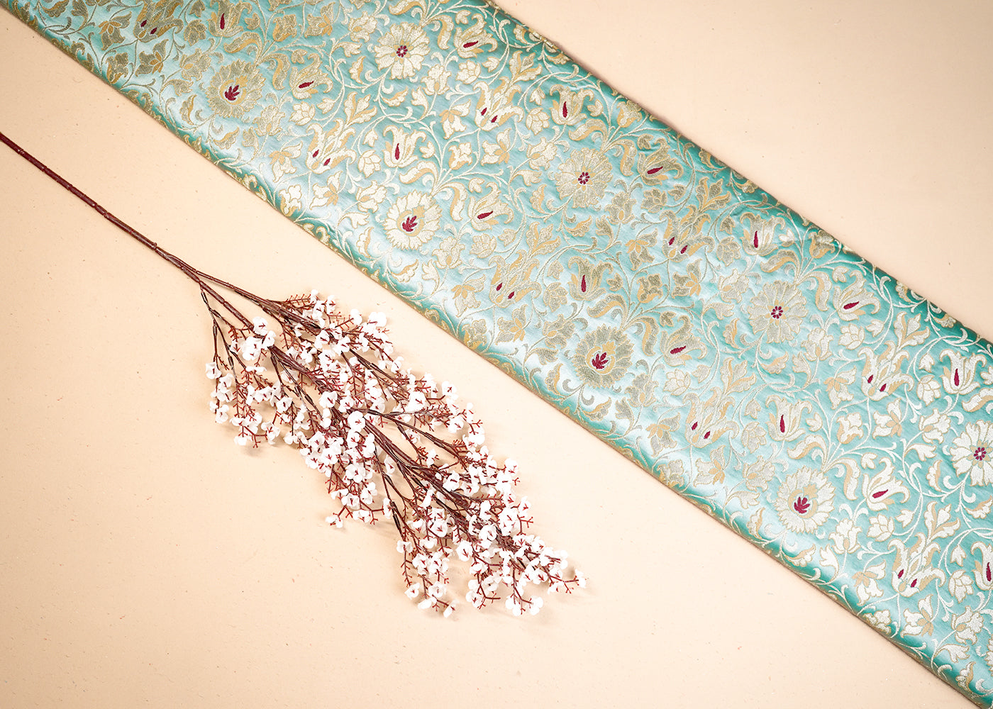Pista Green Banarasi Brocade Fabric With All Over Thread And Golden Zari Handloom 19253