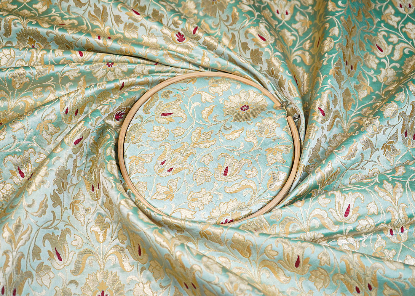 Pista Green Banarasi Brocade Fabric With All Over Thread And Golden Zari Handloom 19253