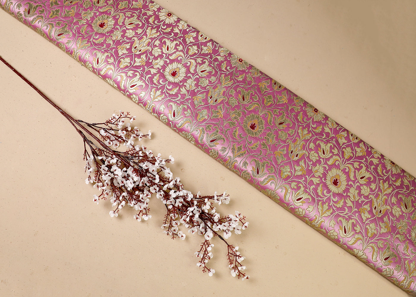 Pink Banarasi Brocade Fabric With All Over Thread And Golden Zari Handloom 19254