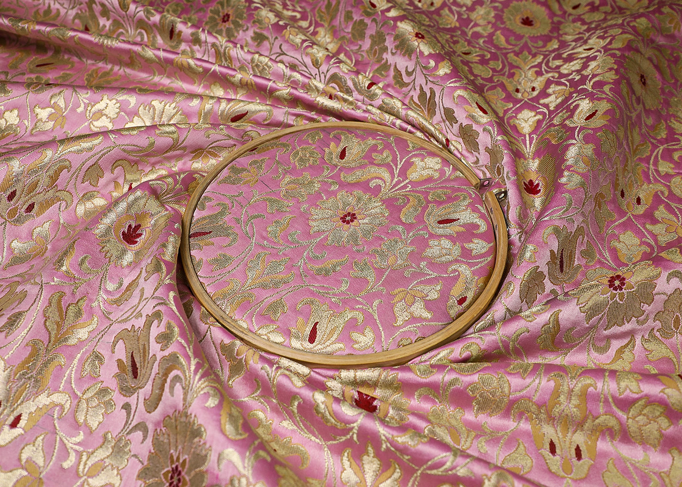 Pink Banarasi Brocade Fabric With All Over Thread And Golden Zari Handloom 19254