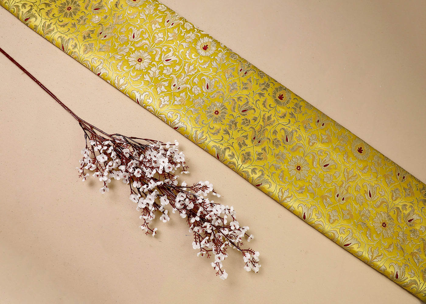 Yellow Banarasi Brocade Fabric With All Over Thread And Golden Zari Handloom 19255