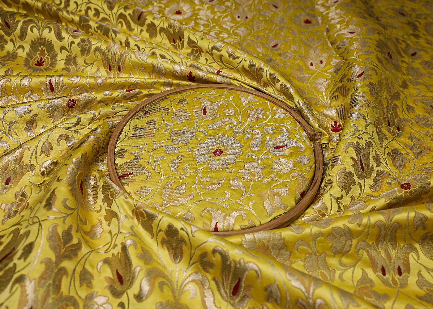 Yellow Banarasi Brocade Fabric With All Over Thread And Golden Zari Handloom 19255