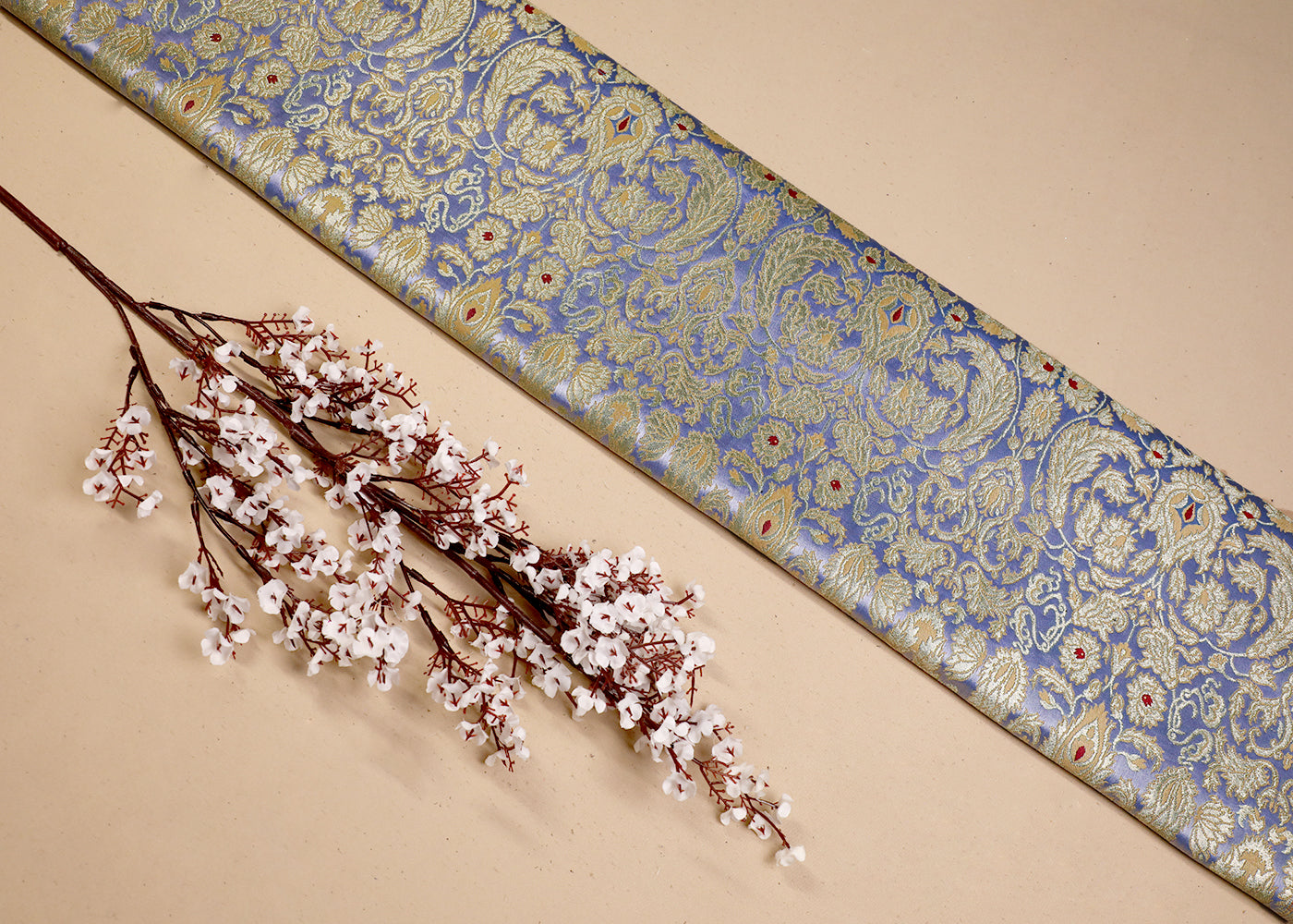 Lavender Blue Banarasi Brocade Fabric With All Over Thread And Golden Zari Handloom 19256