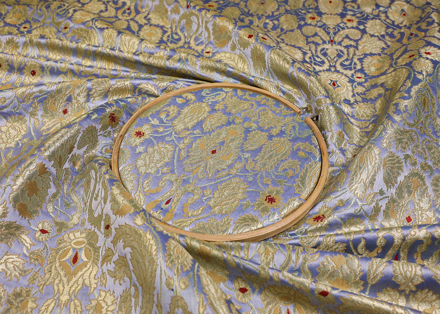 Lavender Blue Banarasi Brocade Fabric With All Over Thread And Golden Zari Handloom 19256
