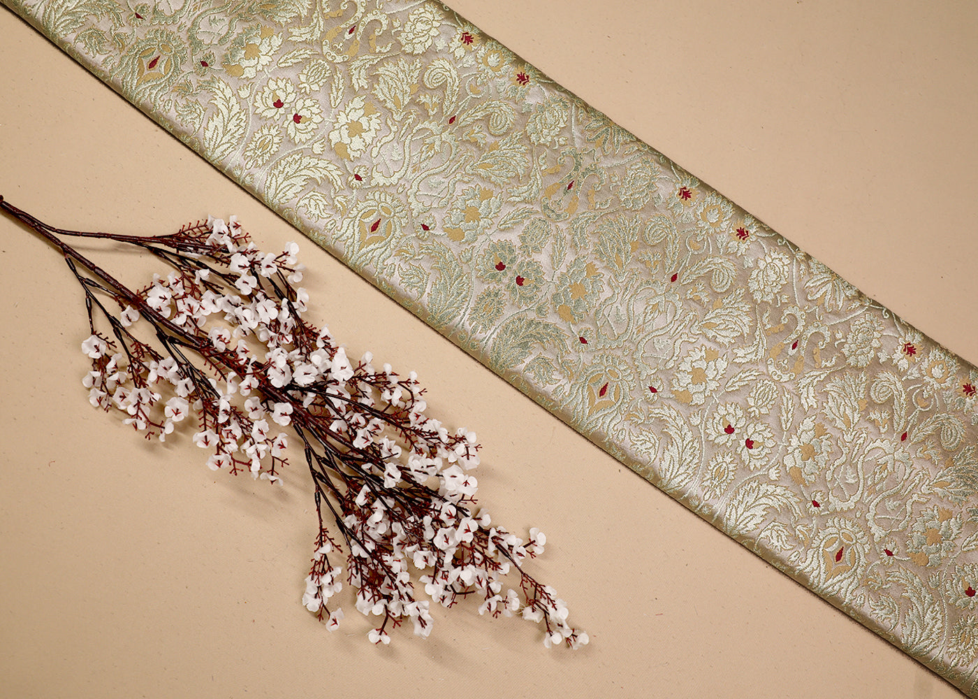 White Banarasi Brocade Fabric With All Over Thread And Golden Zari Handloom 19257