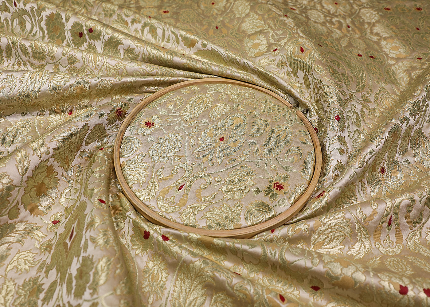 White Banarasi Brocade Fabric With All Over Thread And Golden Zari Handloom 19257