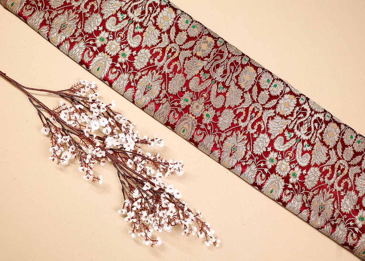 Wine Pure Banarasi Brocade Fabric With All Over Thread And Golden Zari