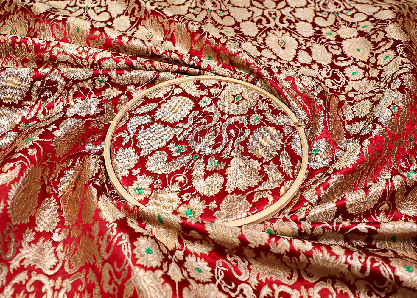 Wine Banarasi Brocade Fabric With All Over Thread And Golden Zari Handloom 19258