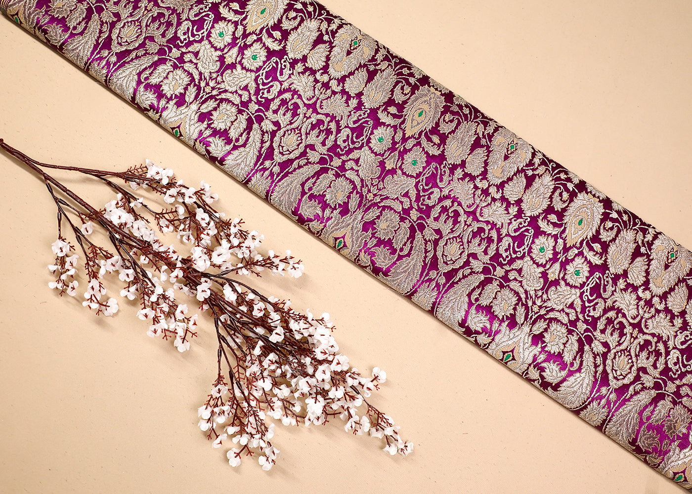 Purple Banarasi Brocade Fabric With All Over Thread And Golden Zari Handloom 19259