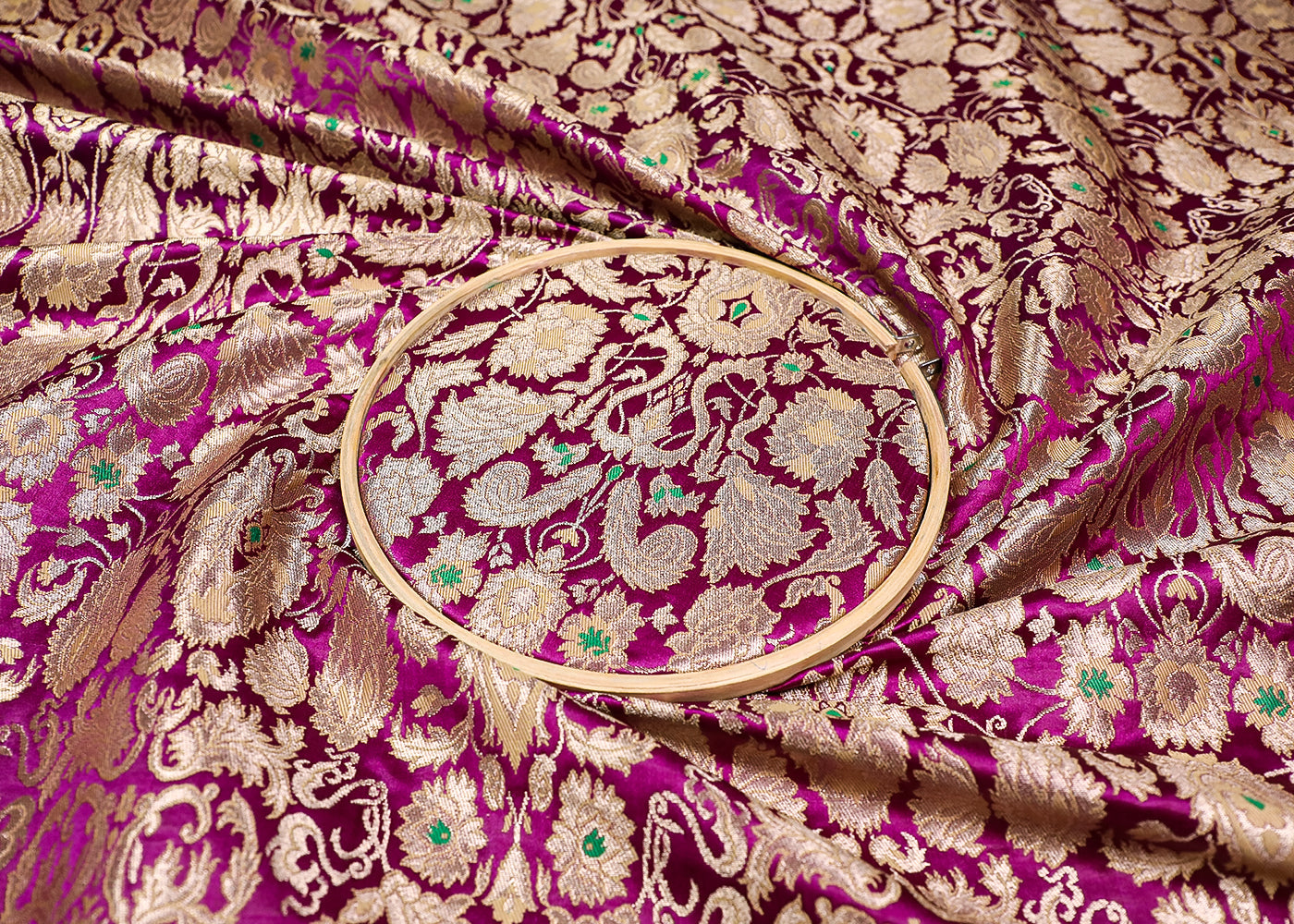 Purple Banarasi Brocade Fabric With All Over Thread And Golden Zari Handloom 19259