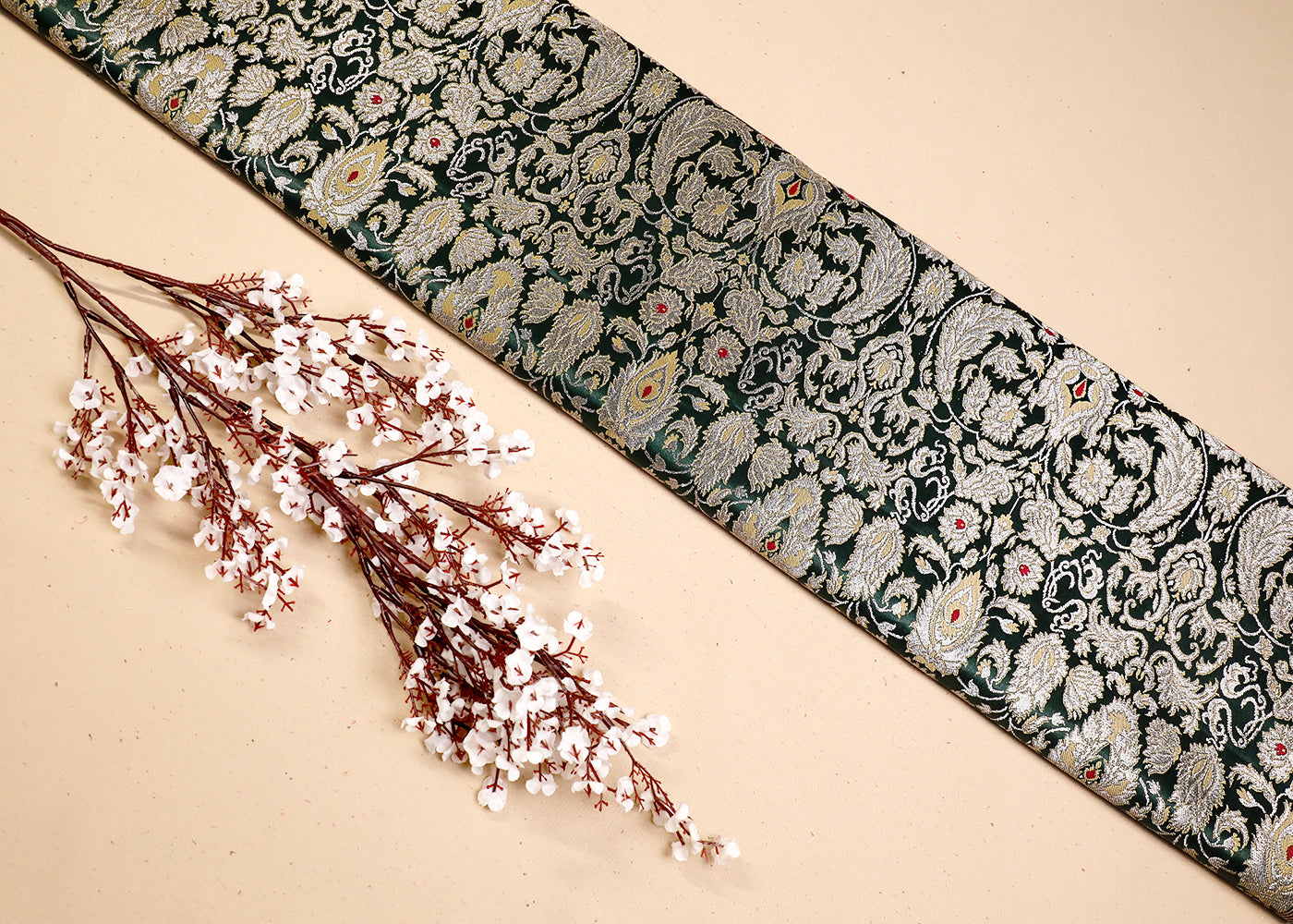Bottle Green Banarasi Brocade Fabric With All Over Thread And Golden Zari Handloom 19260
