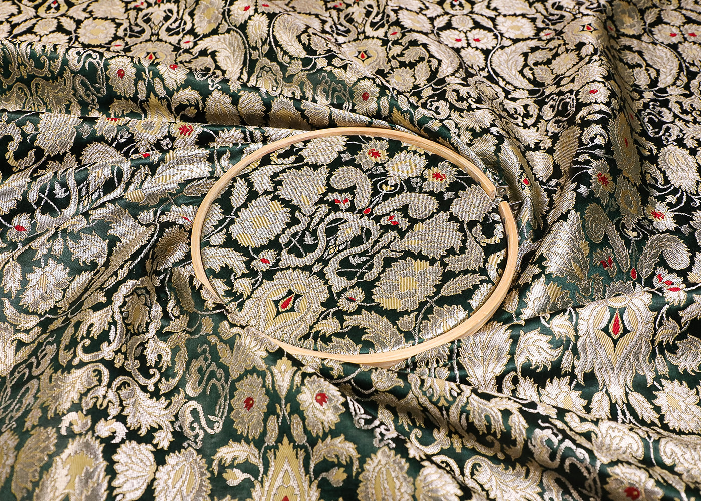 Bottle Green Banarasi Brocade Fabric With All Over Thread And Golden Zari Handloom 19260