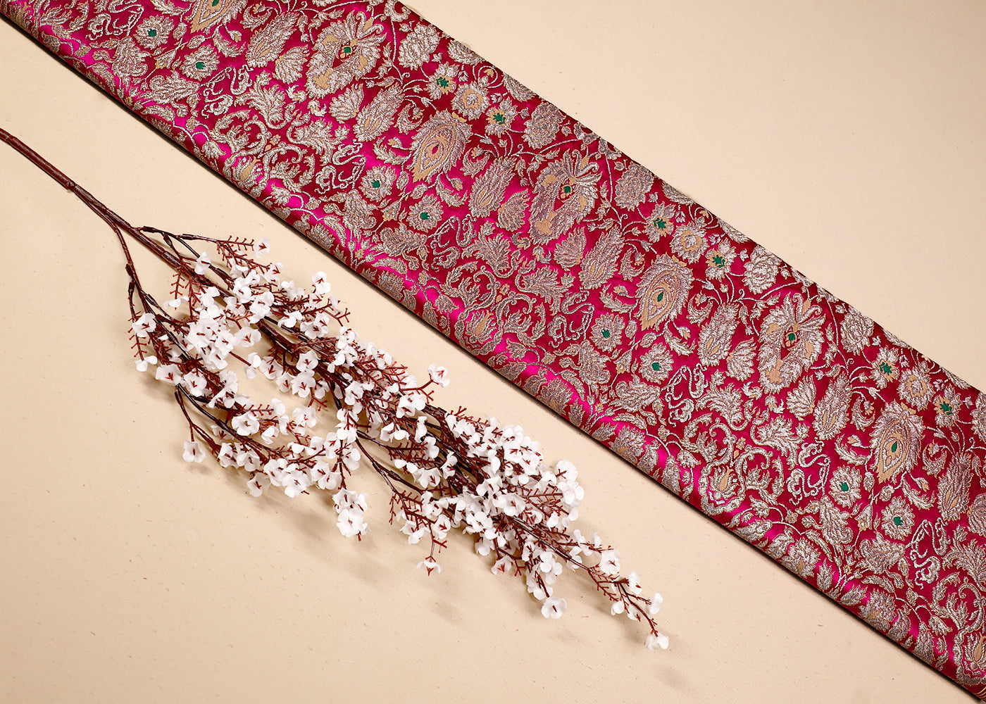 Rani Banarasi Brocade Fabric With All Over Thread And Golden Zari Handloom 19261