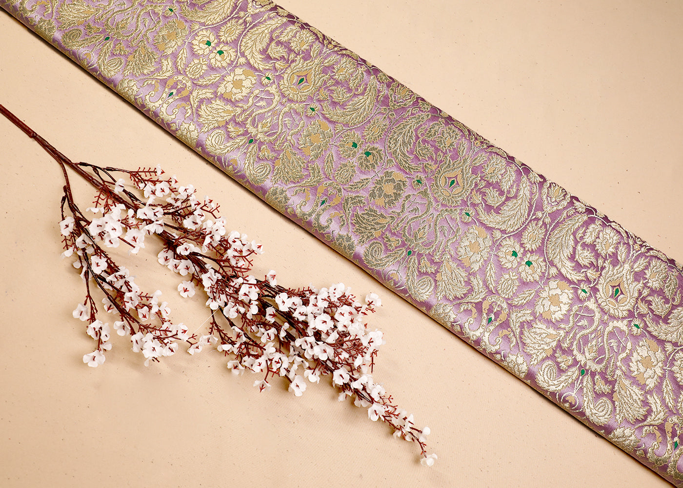 Lavender Banarasi Brocade Fabric With All Over Thread And Golden Zari Handloom 19262