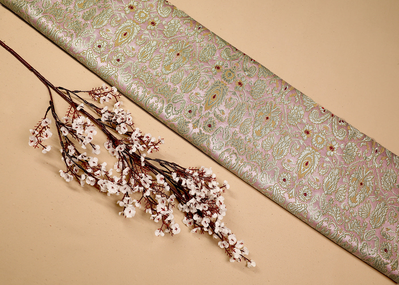 Light Pink Banarasi Brocade Fabric With All Over Thread And Golden Zari Handloom 19263