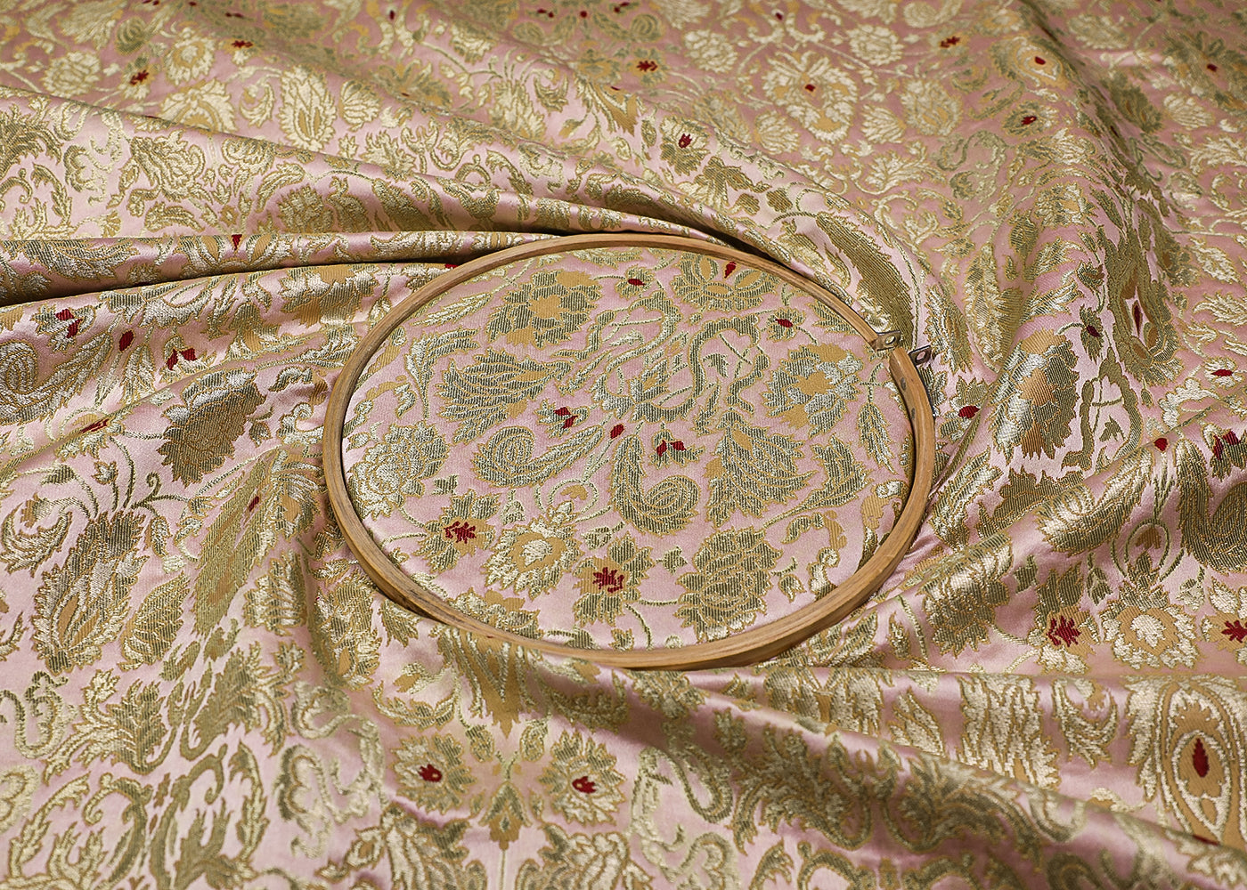 Light Pink Banarasi Brocade Fabric With All Over Thread And Golden Zari Handloom 19263