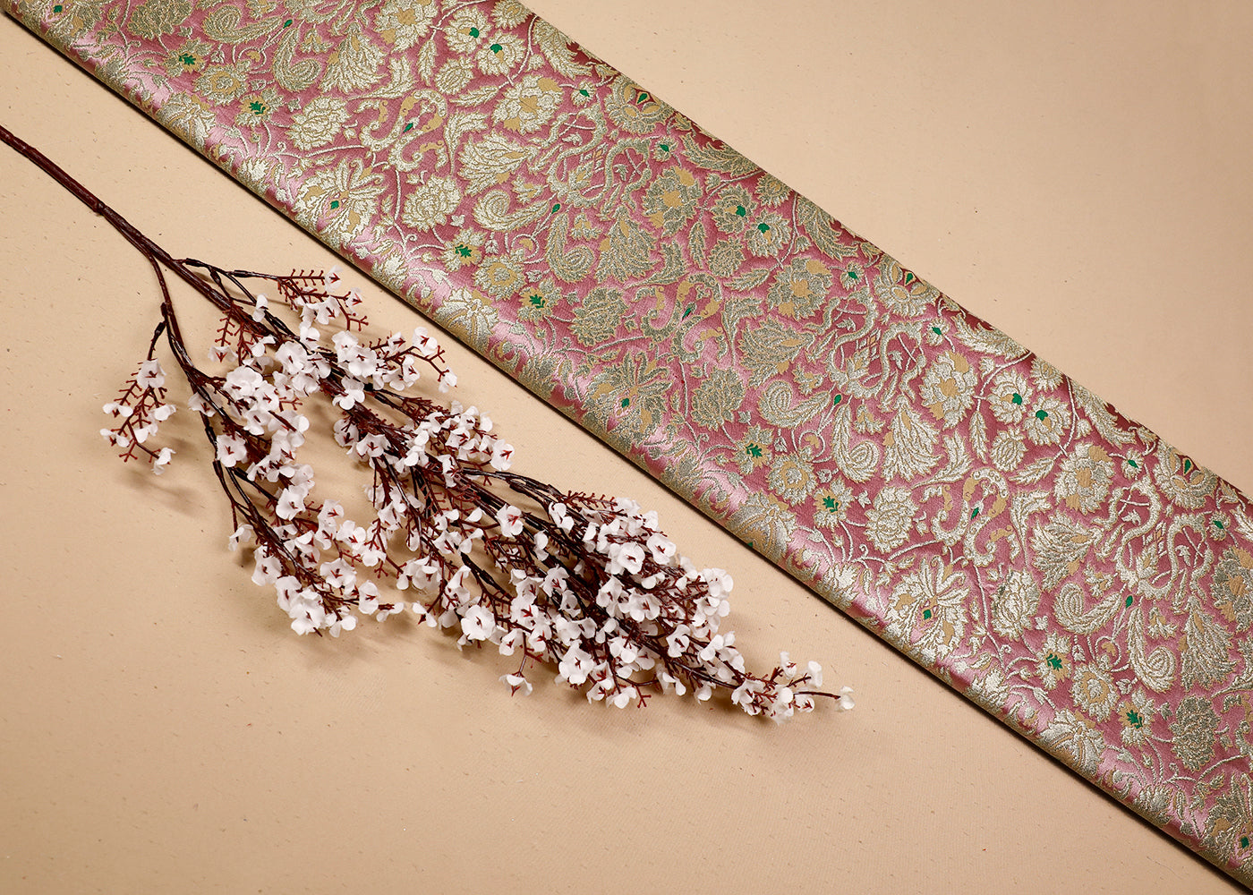Baby Pink Banarasi Brocade Fabric With All Over Thread And Golden Zari Handloom 19264