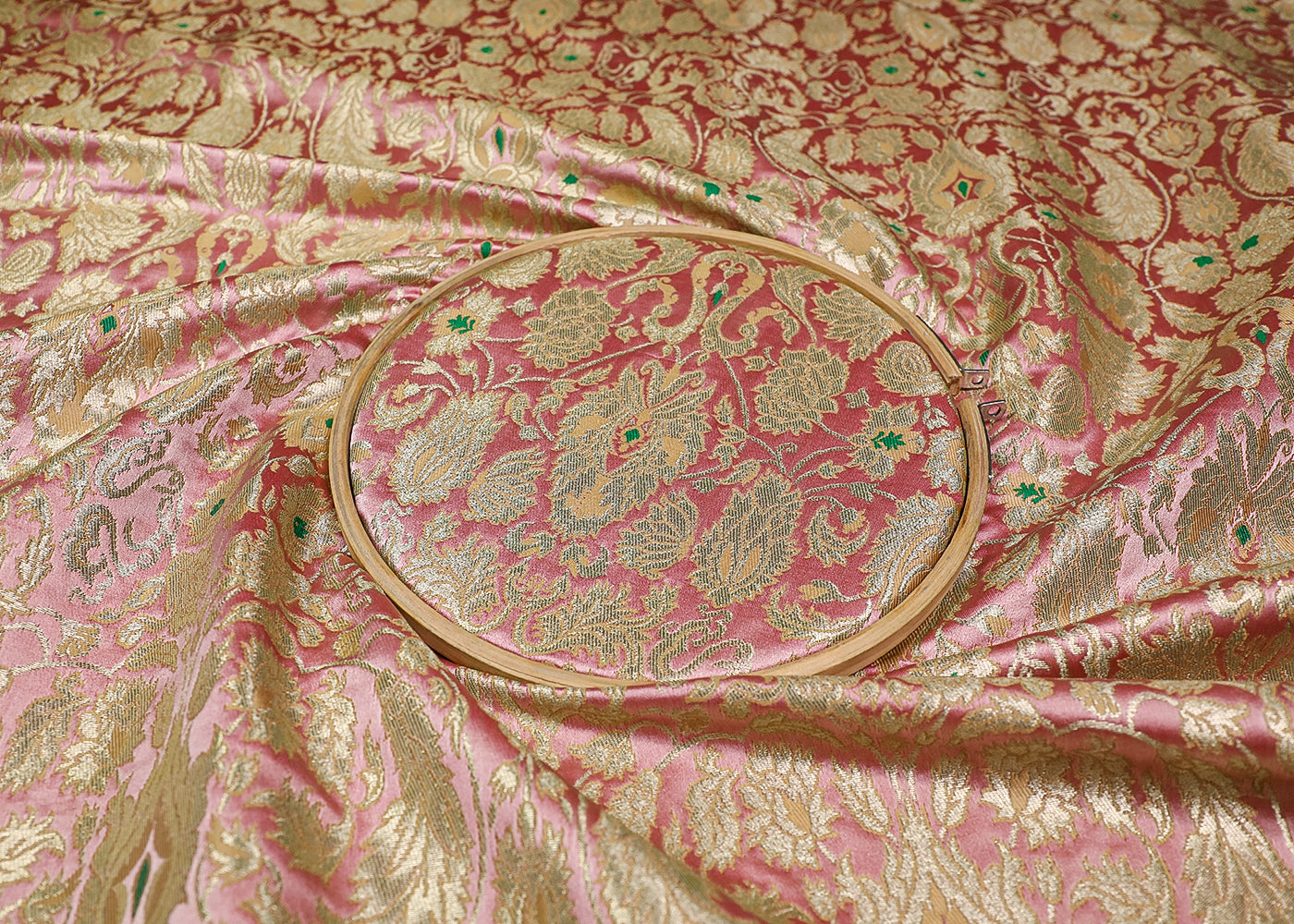 Baby Pink Banarasi Brocade Fabric With All Over Thread And Golden Zari Handloom 19264