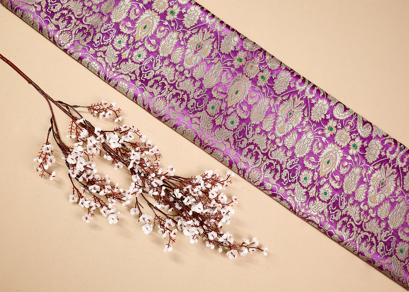 Light Purple Banarasi Brocade Fabric With All Over Thread And Golden Zari Handloom 19265