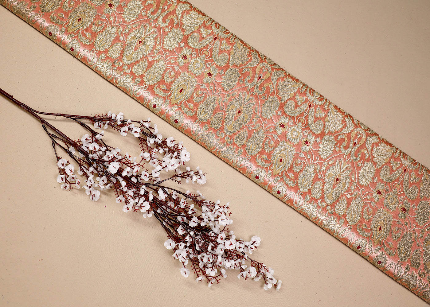 Peach Banarasi Brocade Fabric With All Over Thread And Golden Zari Handloom 19266