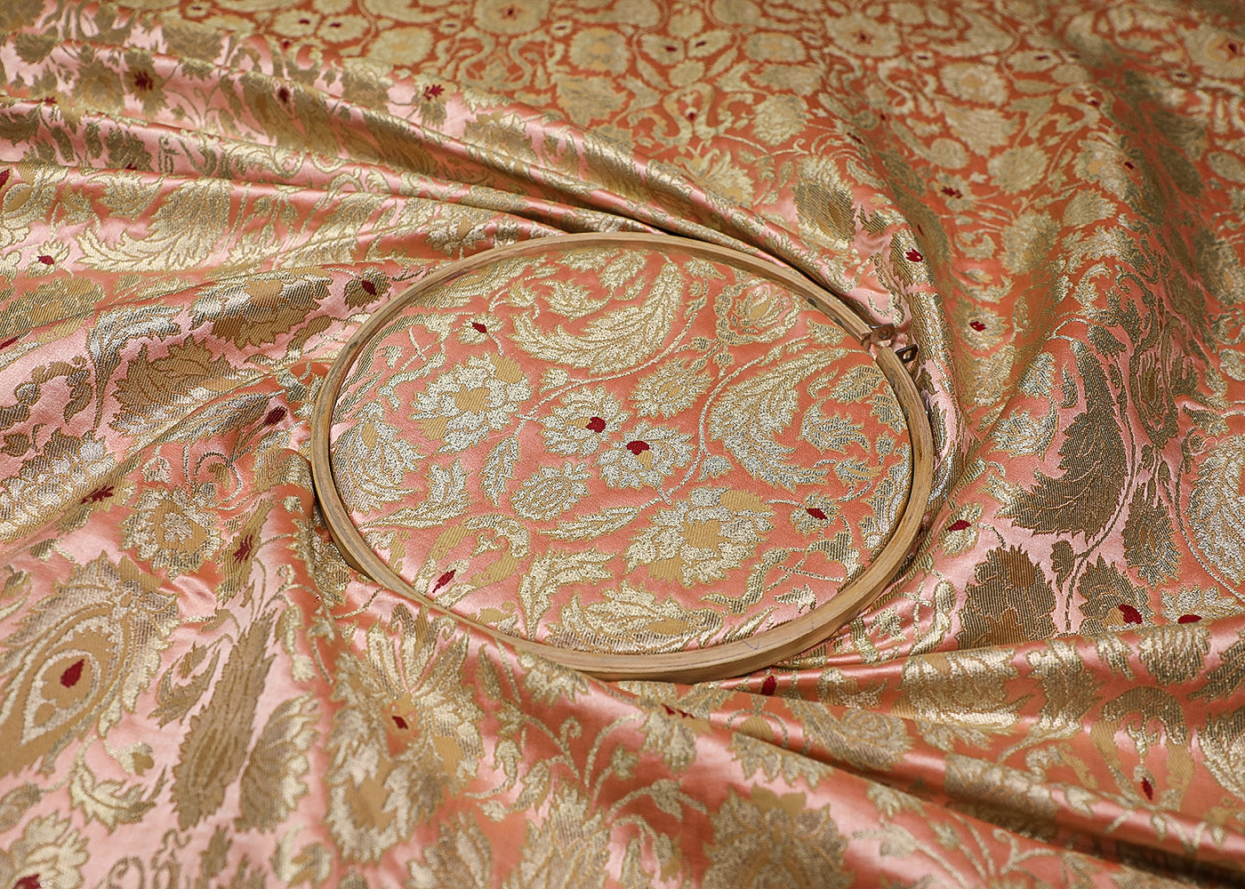 Peach Banarasi Brocade Fabric With All Over Thread And Golden Zari Handloom 19266