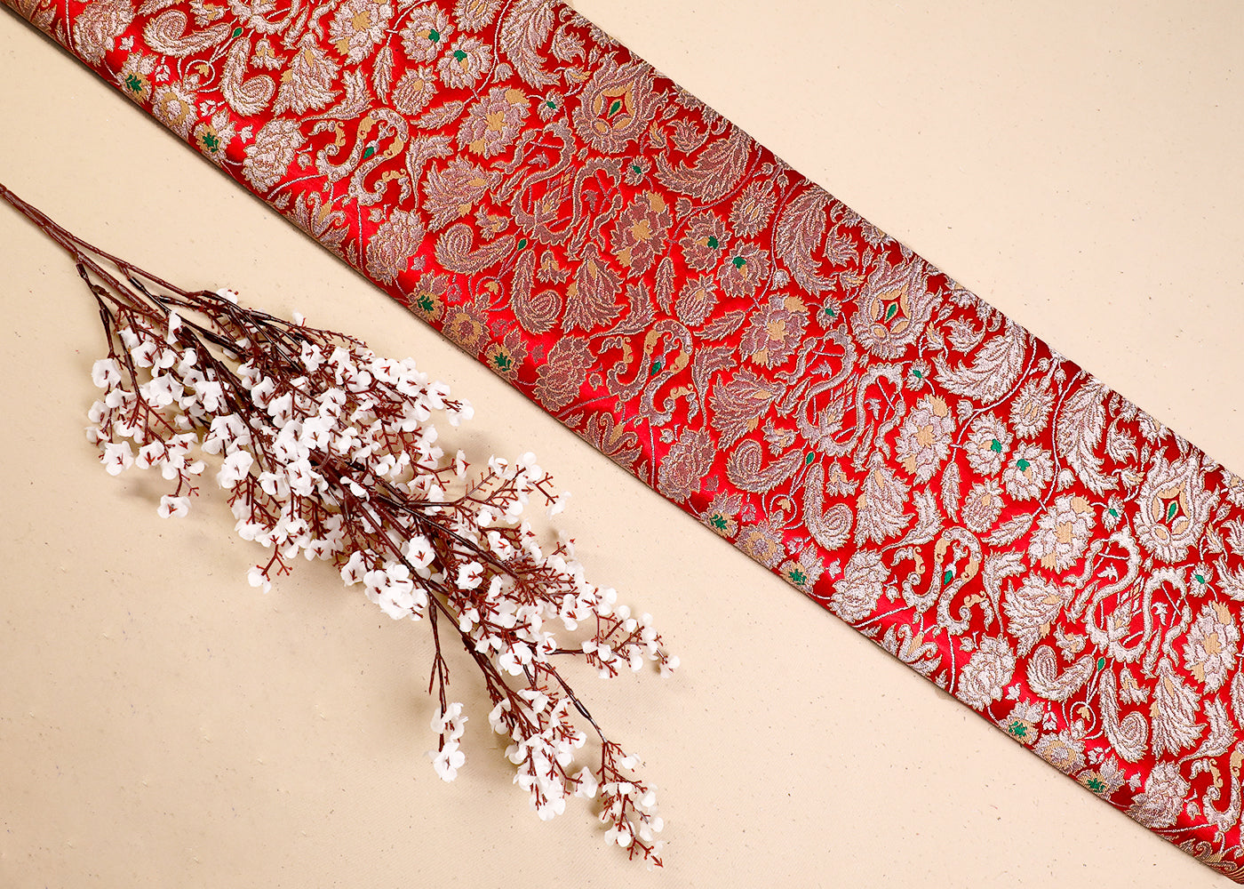 Red Banarasi Brocade Fabric With All Over Thread And Golden Zari Handloom 19267