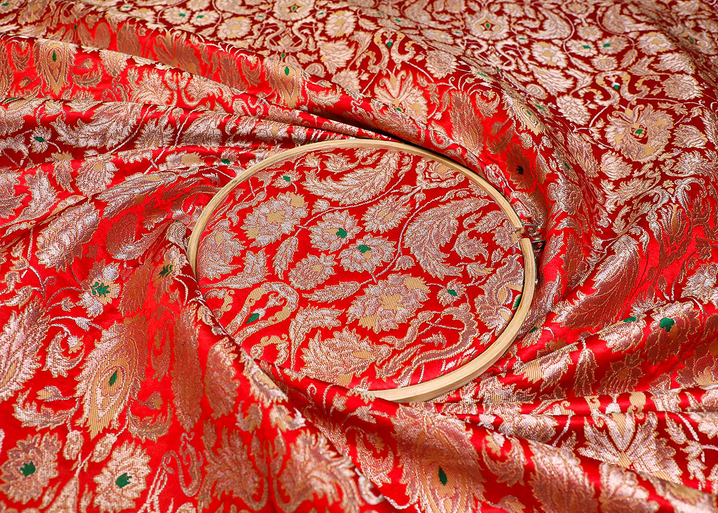 Red Banarasi Brocade Fabric With All Over Thread And Golden Zari Handloom 19267