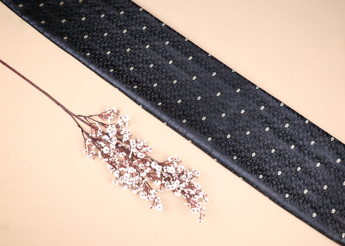 Black Banarasi Brocade Fabric With All Over Thread And Zari Handloom 19268