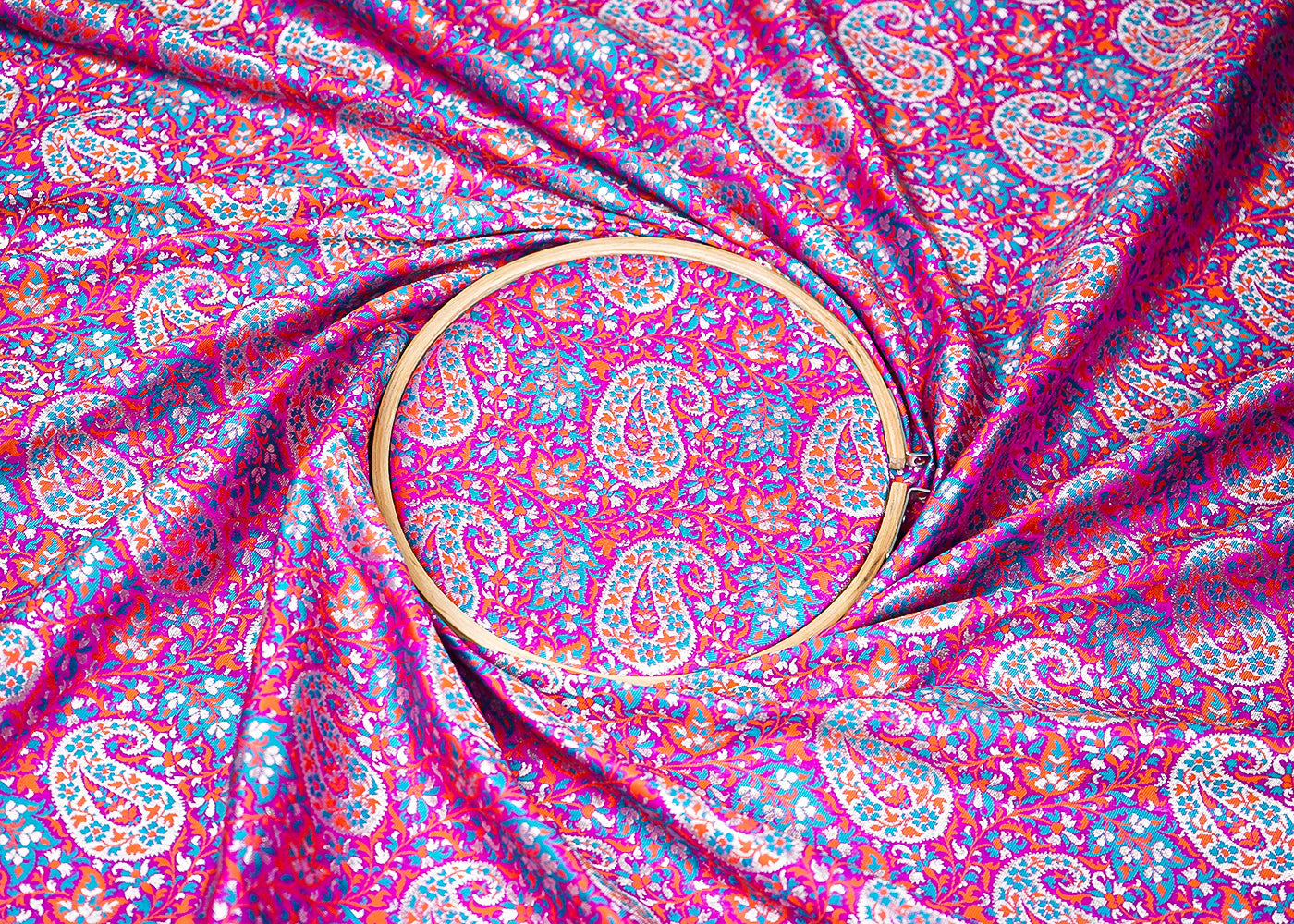 Magenta Banarasi Brocade Fabric With All Over Thread And Golden Zari Handloom 19272