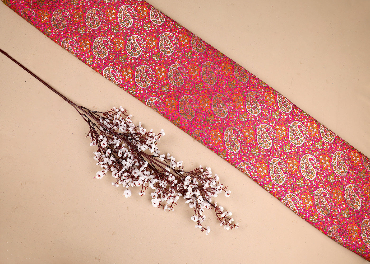 Rani Pink Banarasi Brocade Fabric With All Over Thread And Golden Zari Handloom 19273