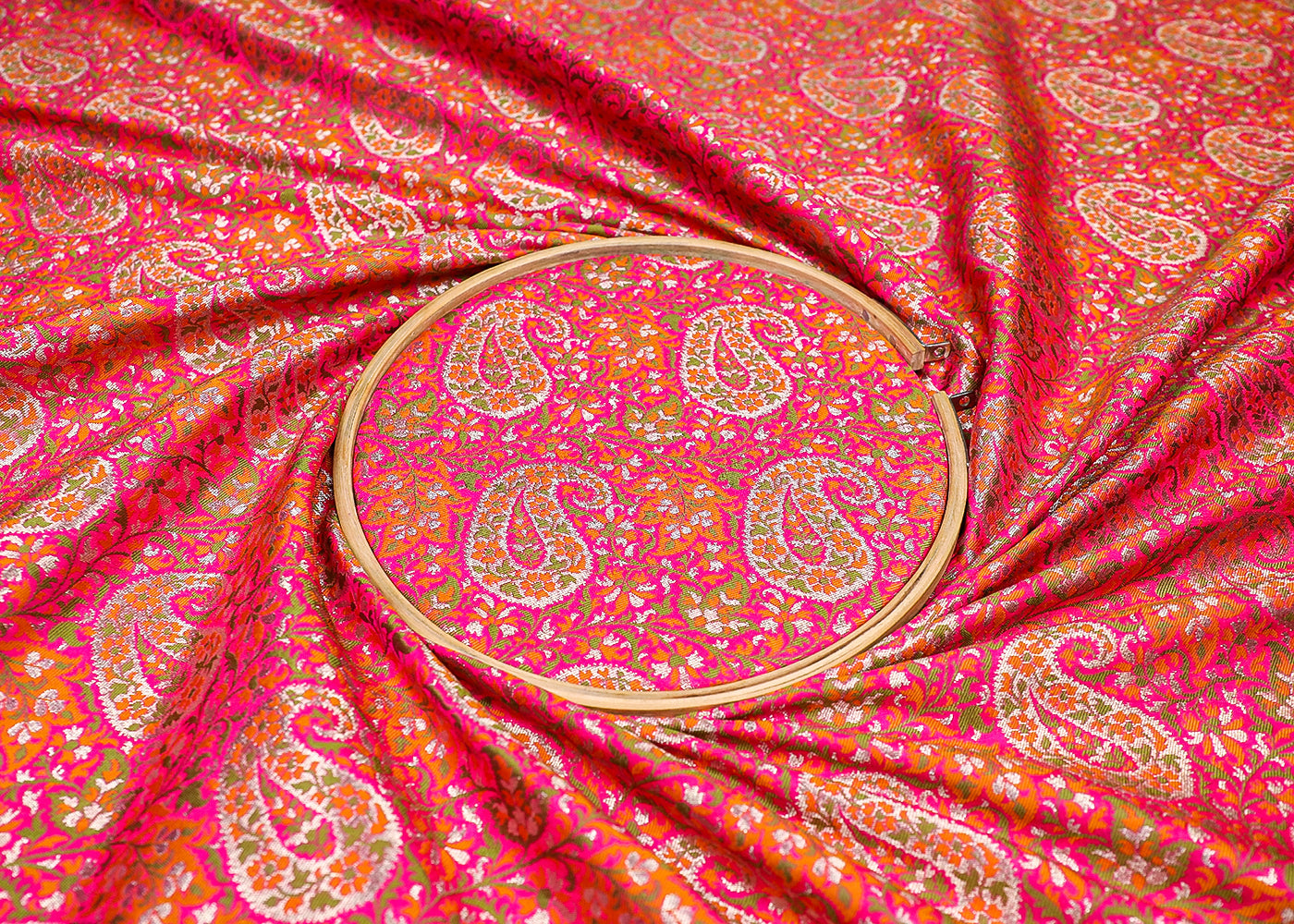 Rani Pink Banarasi Brocade Fabric With All Over Thread And Golden Zari Handloom 19273