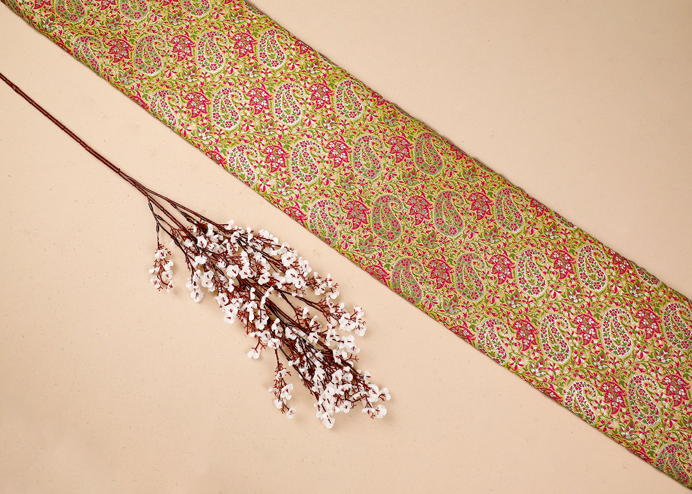 Cream Banarasi Brocade Fabric With All Over Thread And Golden Zari Handloom 19275