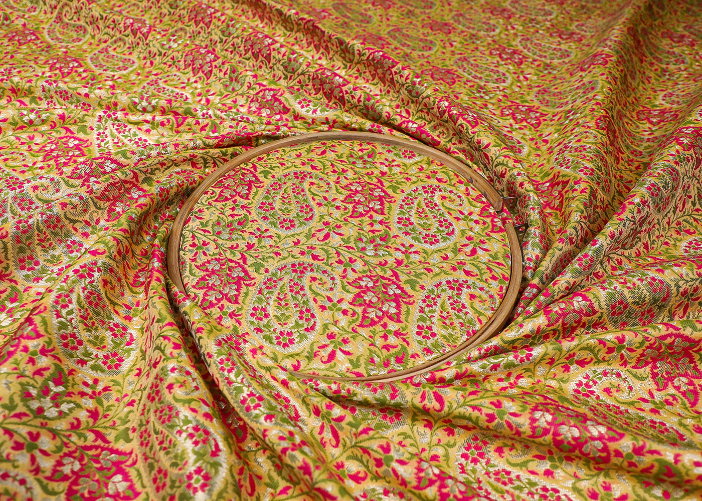 Cream Banarasi Brocade Fabric With All Over Thread And Golden Zari Handloom 19275