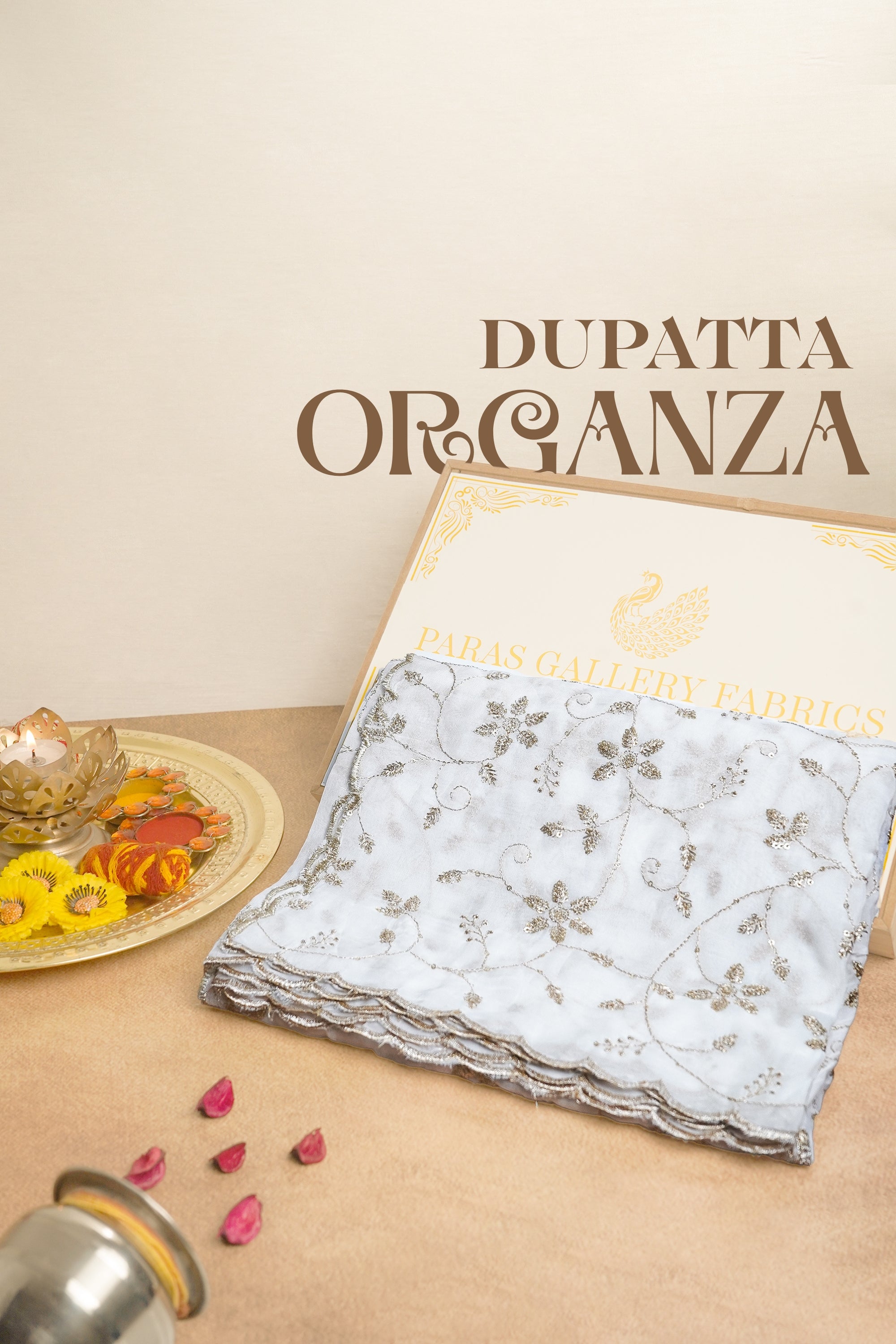 White Dyeable Organza Dupatta All Over Zari And Sequins Work 19292
