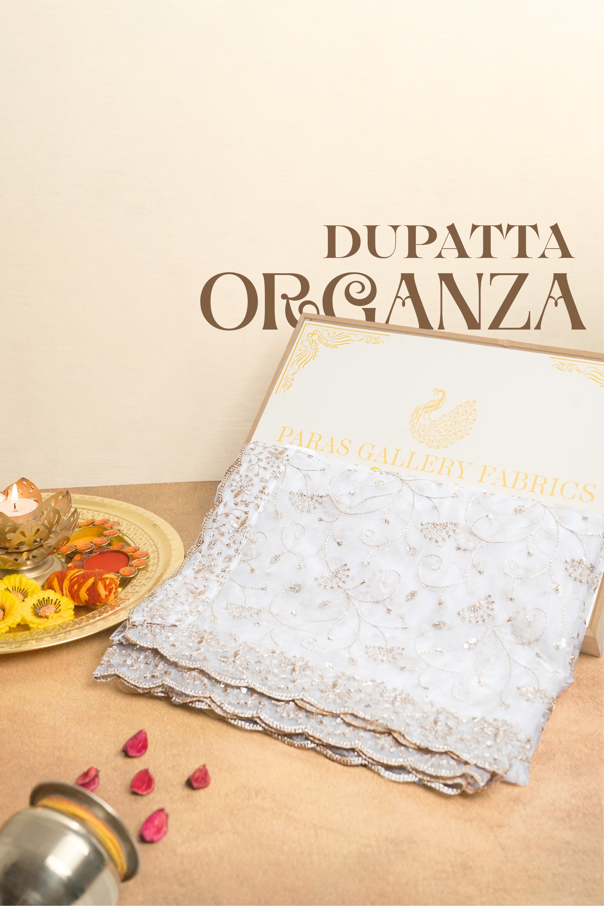 White Dyeable Organza Dupatta All Over Zari And Sequins Work 19293