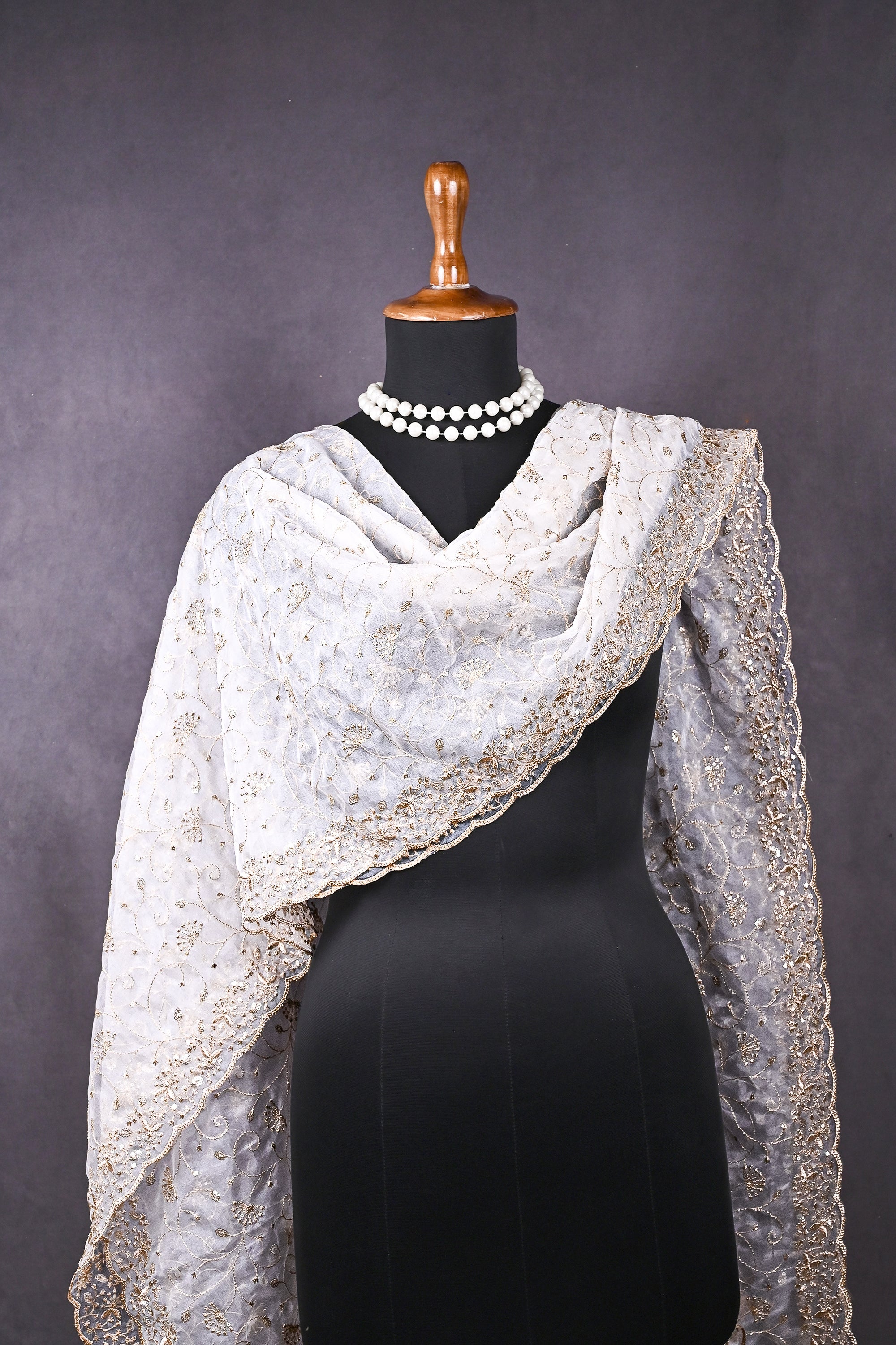 White Dyeable Organza Dupatta All Over Zari And Sequins Work 19293